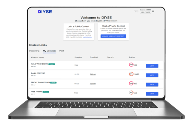 The DIYSE contest lobby, showing upcoming public and private contests