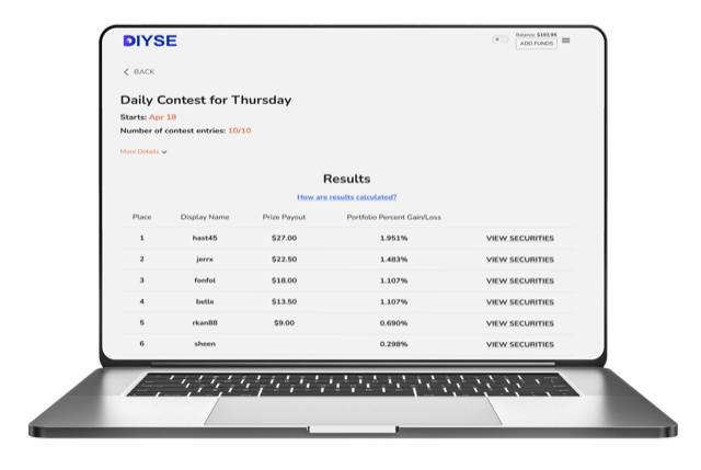 A DIYSE contest results leaderboard, ranked by portfolio gain